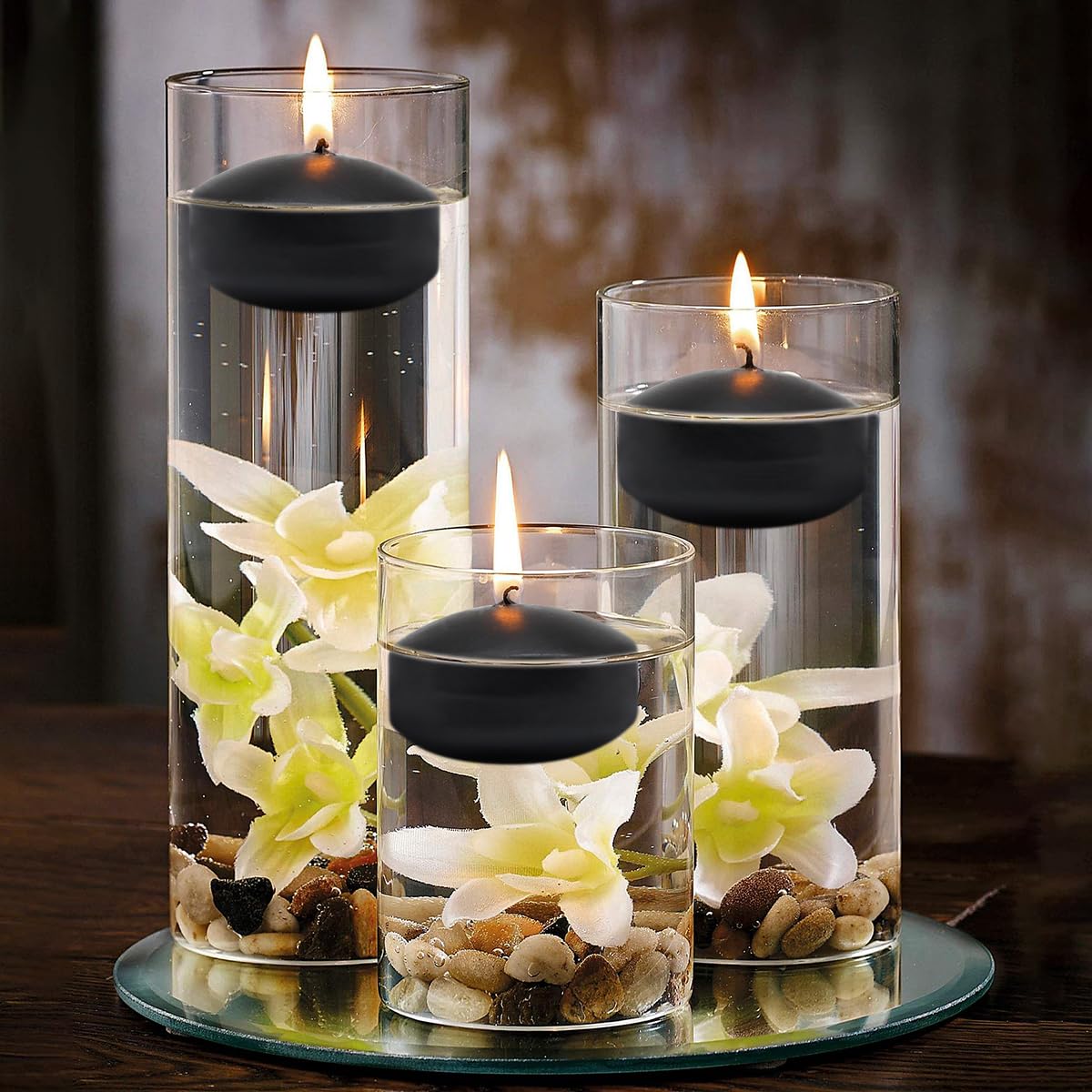 6 Hour Black Floating Candles, Unscented Small 2 Inch Dripless Pool Water Wax Candles for Cylinder Vase, Centerpiece at Wedding,